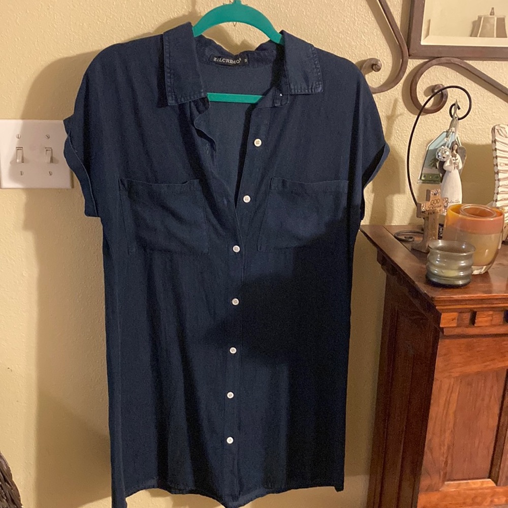 Navy cotton casual dress with white buttons